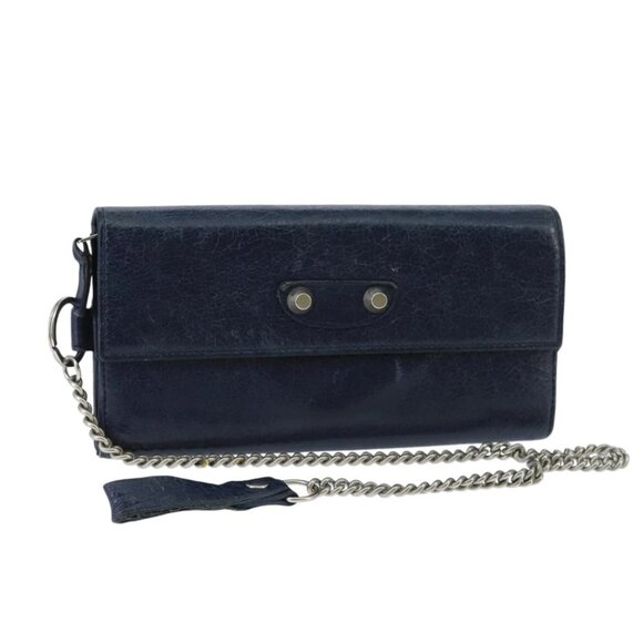 BALENCIAGA Long Wallet Leather Navy Silver Auth bs20089 - Picture 1 of 16